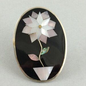 Vintage Oval Abalone Shell Scarf Clip Flower Leaves Silvertone Black Background